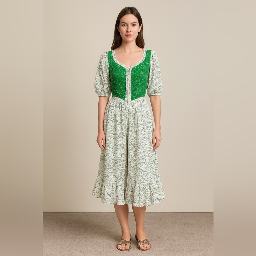 VNTG Prairie Floral Puff Sleeve‎ Cottagecore Rockabilly Midi dress Coquette S